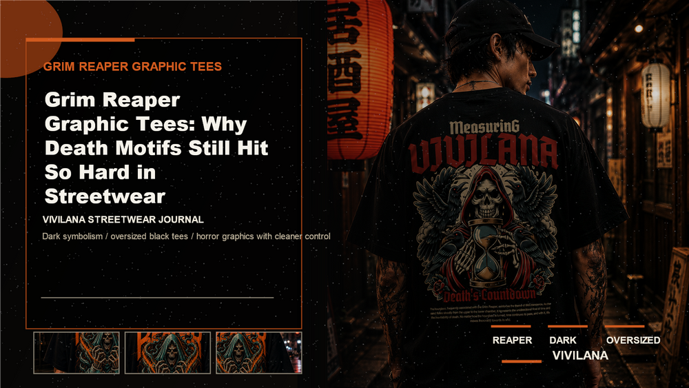 Grim reaper graphic tees poster cover with dark streetwear photography and Vivilana editorial typography