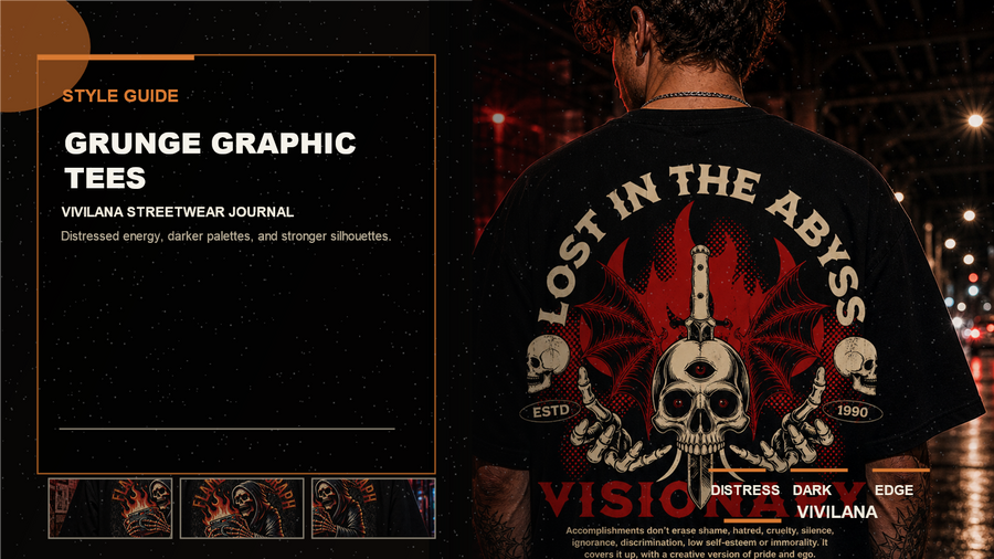 Grunge graphic tees poster cover with dark oversized streetwear photography, cream typography, and orange editorial accents
