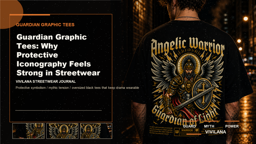 Guardian graphic tees poster cover with dark oversized streetwear photography, cream typography, and orange Vivilana editorial accents