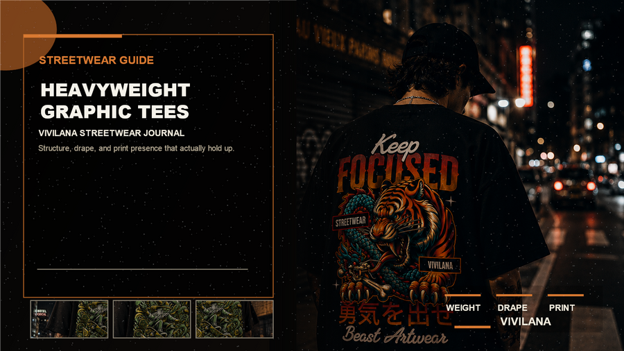 Heavyweight graphic tees poster cover with dark oversized streetwear photography, cream typography, and orange editorial accents