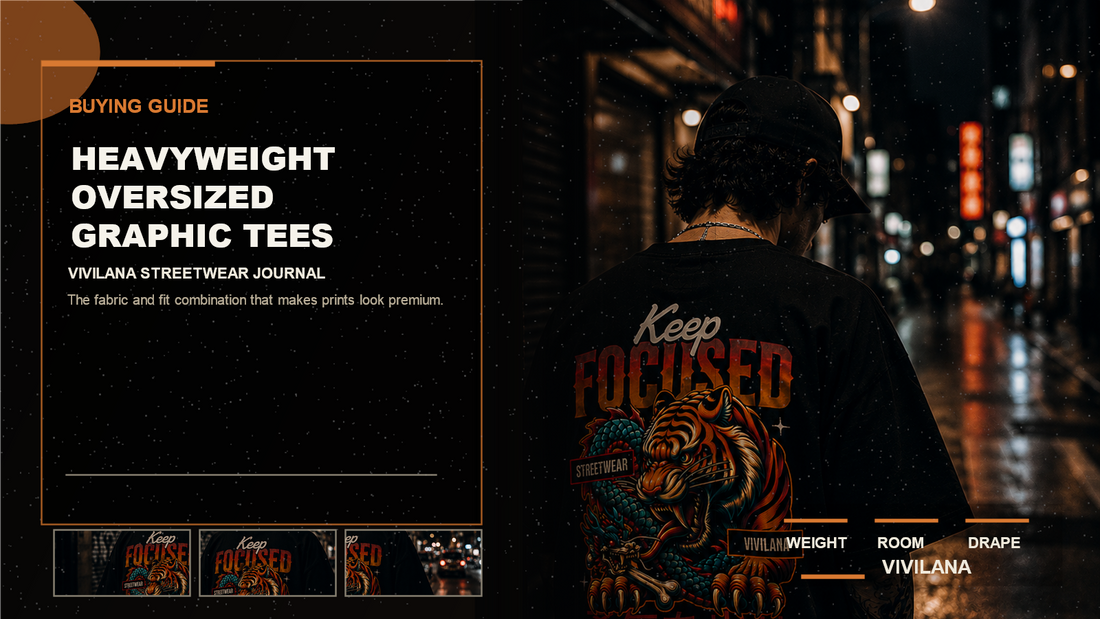 Heavyweight oversized graphic tees poster cover with dark streetwear photography, cream typography, and orange editorial accents