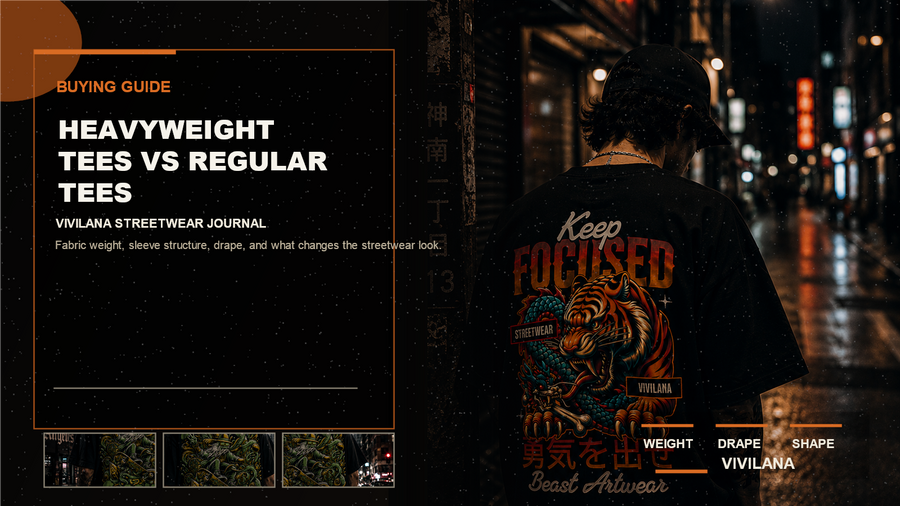 Heavyweight tees vs regular tees poster cover with oversized streetwear photography, cream typography, and orange editorial accents