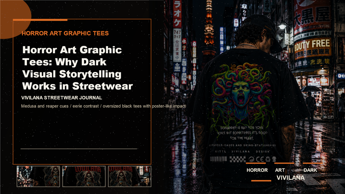 Horror art graphic tees poster cover with dark oversized streetwear photography, cream type, and orange Vivilana editorial accents