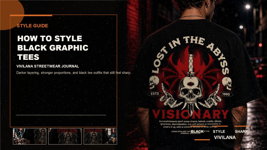 How to style black graphic tees poster cover with oversized back-print streetwear photography, cream typography, and orange editorial accents