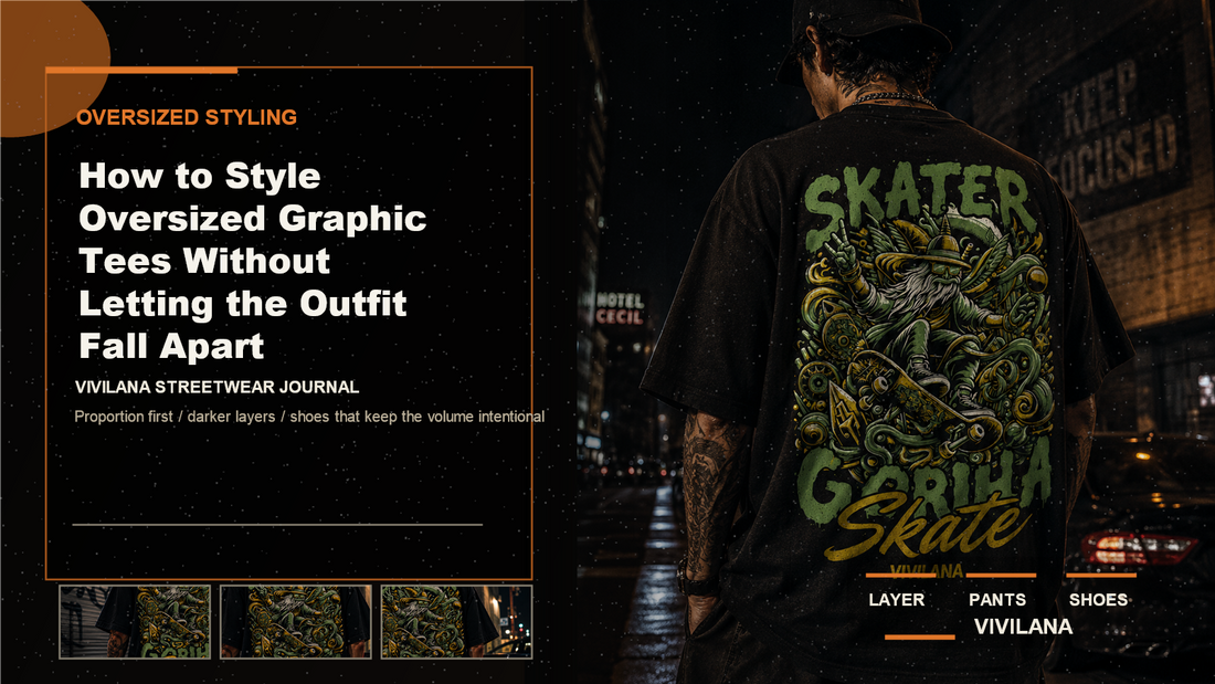 Oversized graphic tee styling poster in a dark Vivilana editorial layout with orange accent lines