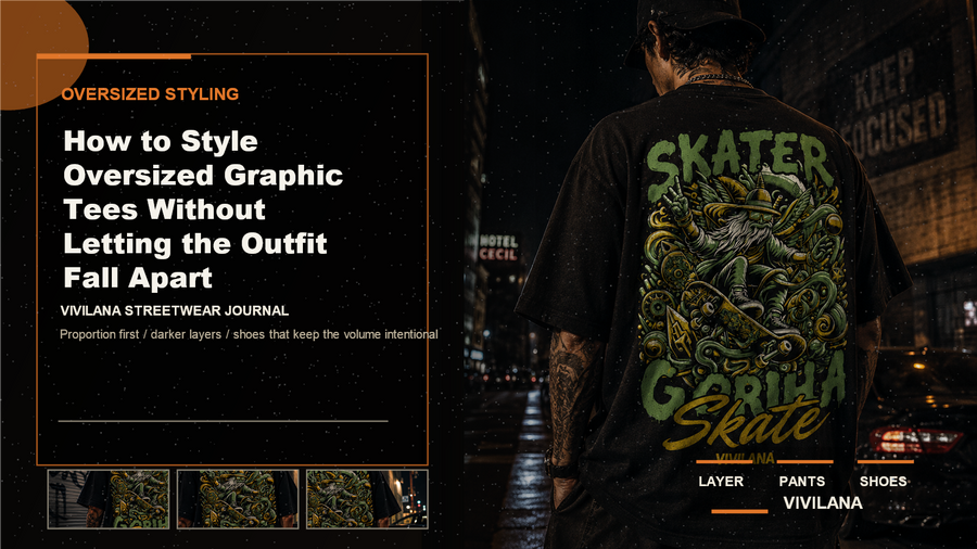 Oversized graphic tee styling poster in a dark Vivilana editorial layout with orange accent lines