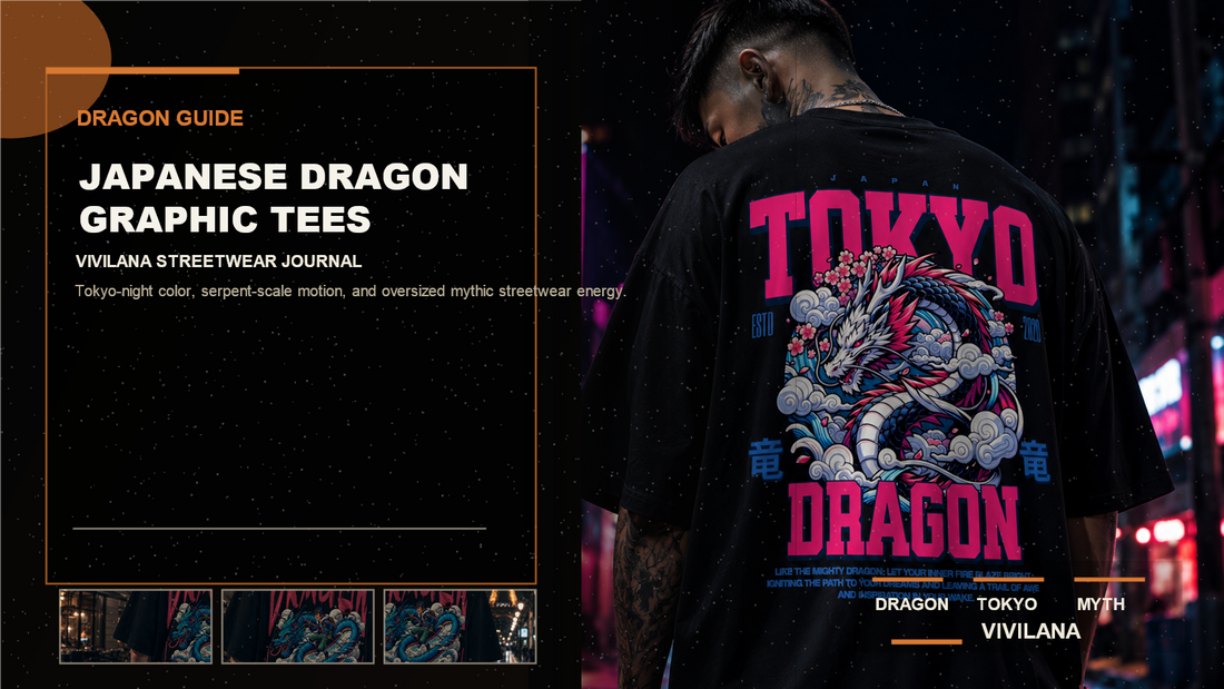 Japanese dragon graphic tees poster cover with oversized back-print streetwear photography, cream typography, and orange editorial accents