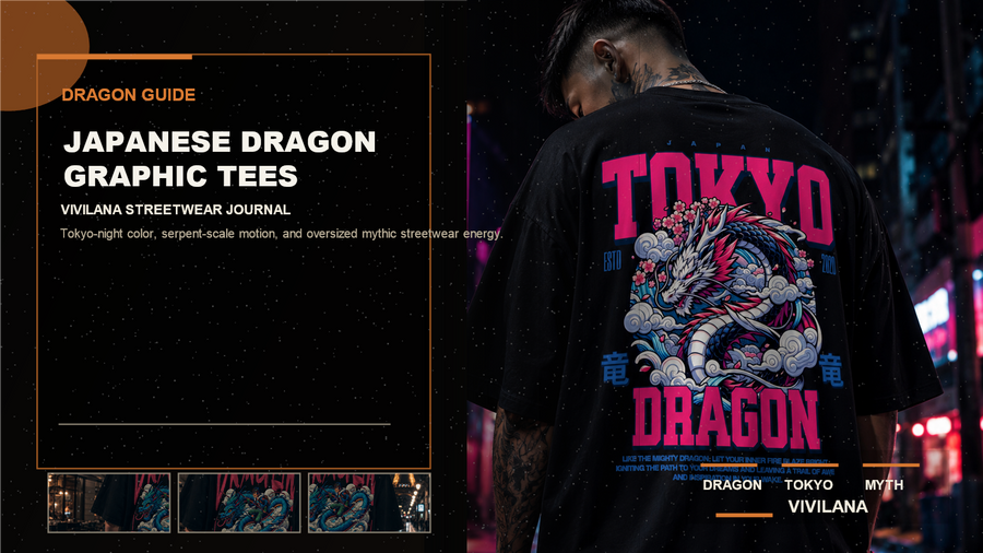 Japanese dragon graphic tees poster cover with oversized back-print streetwear photography, cream typography, and orange editorial accents