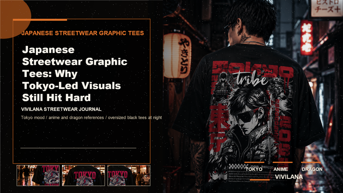 Japanese streetwear graphic tees poster cover with dark oversized streetwear photography, cream type, and orange Vivilana poster accents