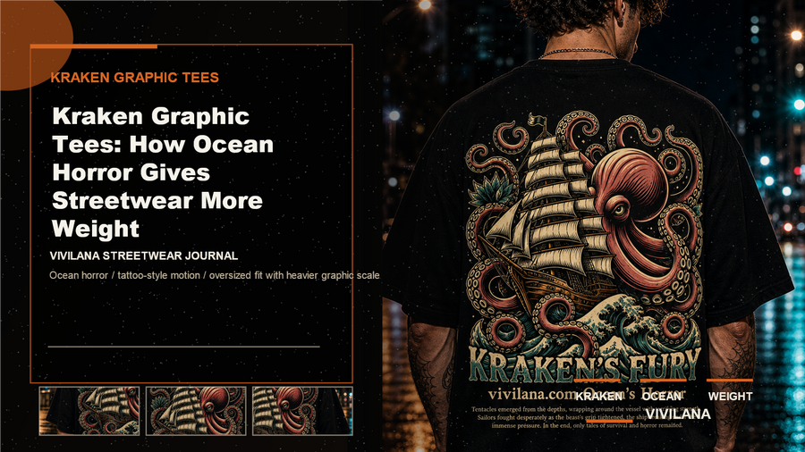 Kraken graphic tees poster cover with dark oversized streetwear photography and Vivilana editorial typography