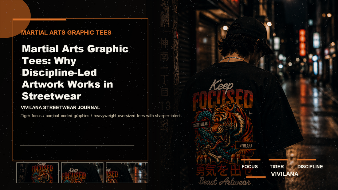 Martial arts graphic tees poster cover with dark oversized streetwear photography, cream typography, and orange Vivilana accents