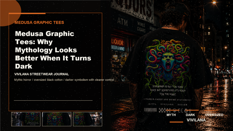 Medusa graphic tees poster cover with dark oversized streetwear photography and Vivilana editorial typography