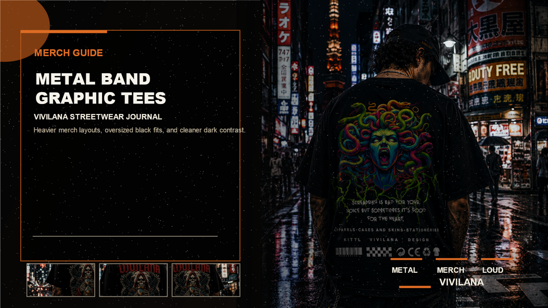 Metal band graphic tees poster cover with oversized dark streetwear photography, cream typography, and orange editorial accents