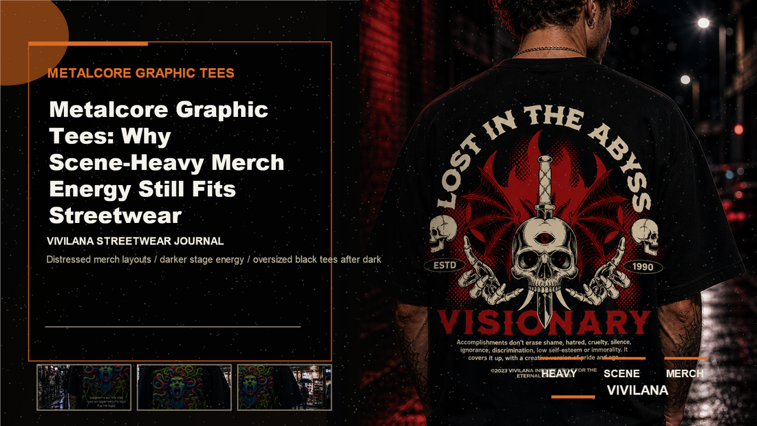 Metalcore graphic tees poster cover with dark oversized streetwear photography, cream typography, and orange Vivilana accents