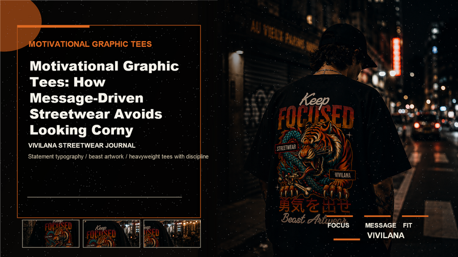 Motivational graphic tees poster cover with dark oversized streetwear photography and controlled editorial typography