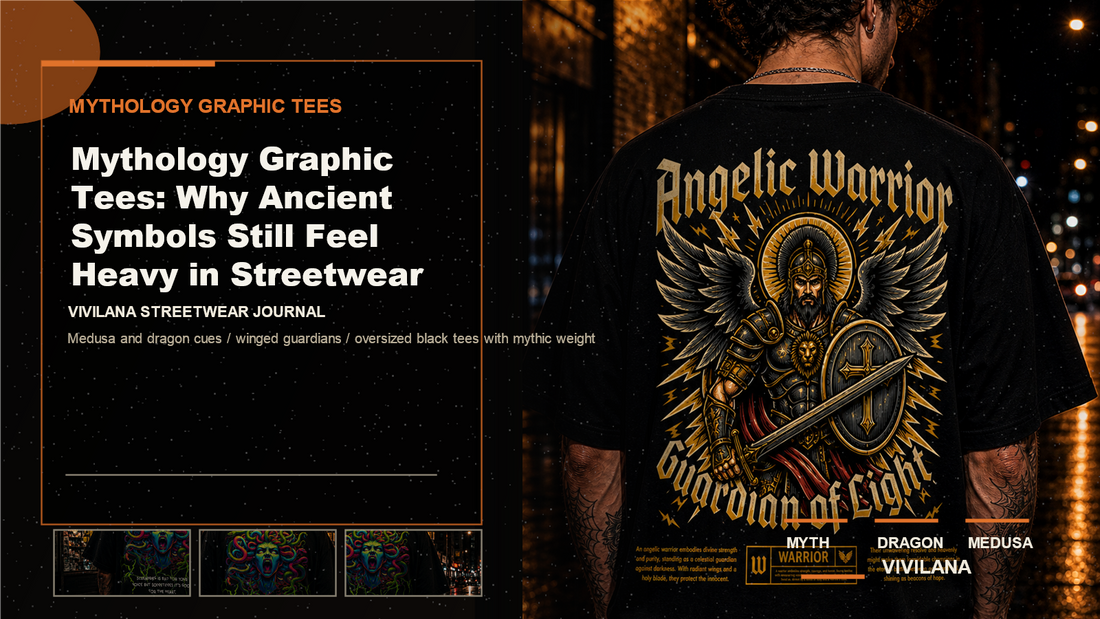 Mythology graphic tees poster cover with dark oversized streetwear photography, cream type, and orange Vivilana editorial accents
