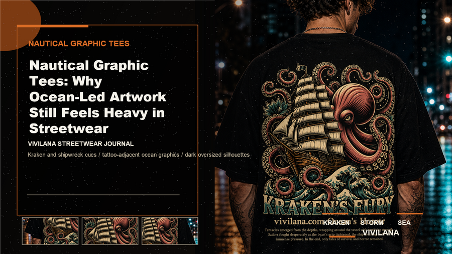 Nautical graphic tees poster cover with dark oversized streetwear photography, cream typography, and orange Vivilana accents