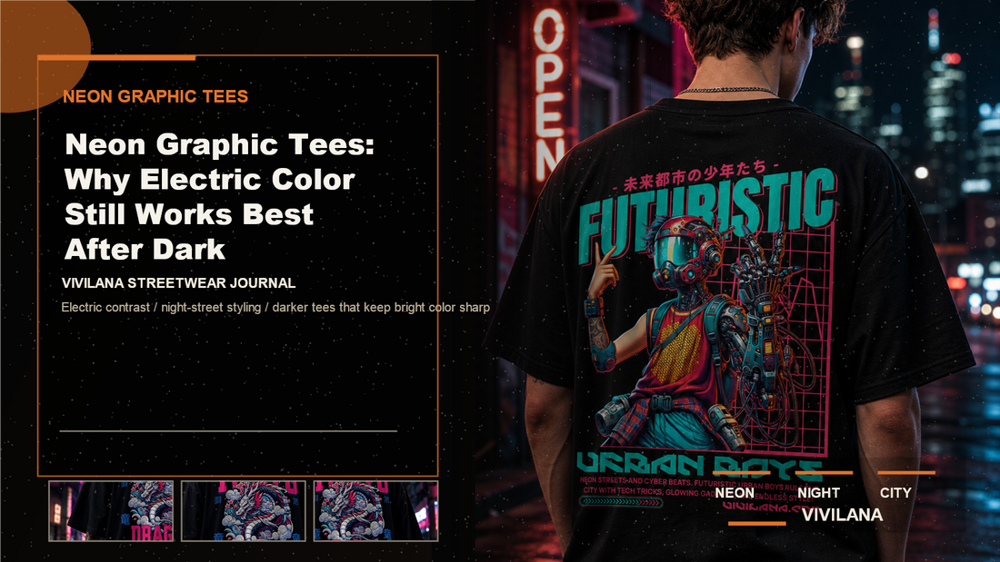 Neon graphic tees poster cover with dark oversized streetwear photography, cream typography, and orange Vivilana accents
