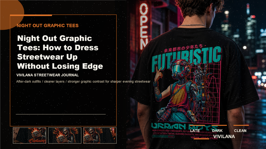 Night out graphic tees poster cover with dark oversized streetwear photography, cream typography, and orange editorial accents