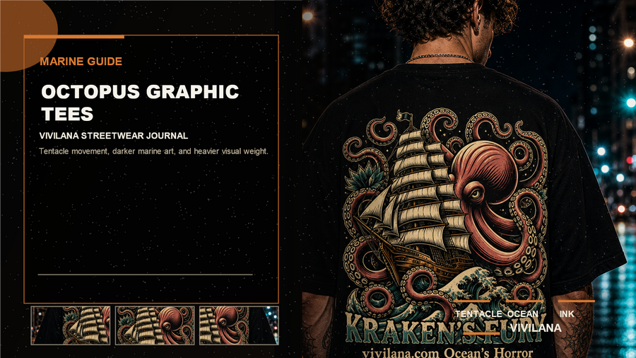 Octopus graphic tees poster cover with dark streetwear photography, cream typography, and orange editorial accents
