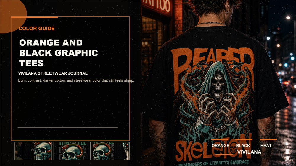 Orange and black graphic tees poster cover with dark oversized streetwear photography, cream type, and orange Vivilana accents