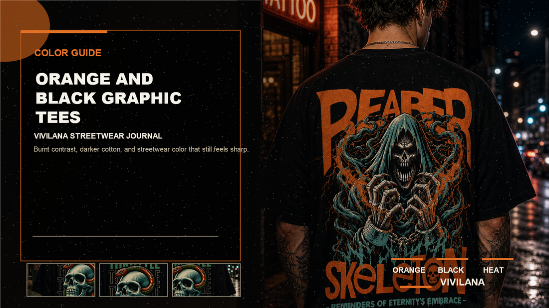 Orange and black graphic tees poster cover with dark oversized streetwear photography, cream type, and orange Vivilana accents