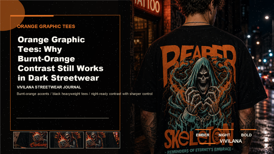 Orange graphic tees poster cover with dark oversized streetwear photography, cream type, and orange Vivilana editorial accents