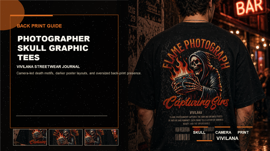 Photographer skull graphic tees poster cover with oversized dark streetwear photography, cream typography, and orange editorial accents
