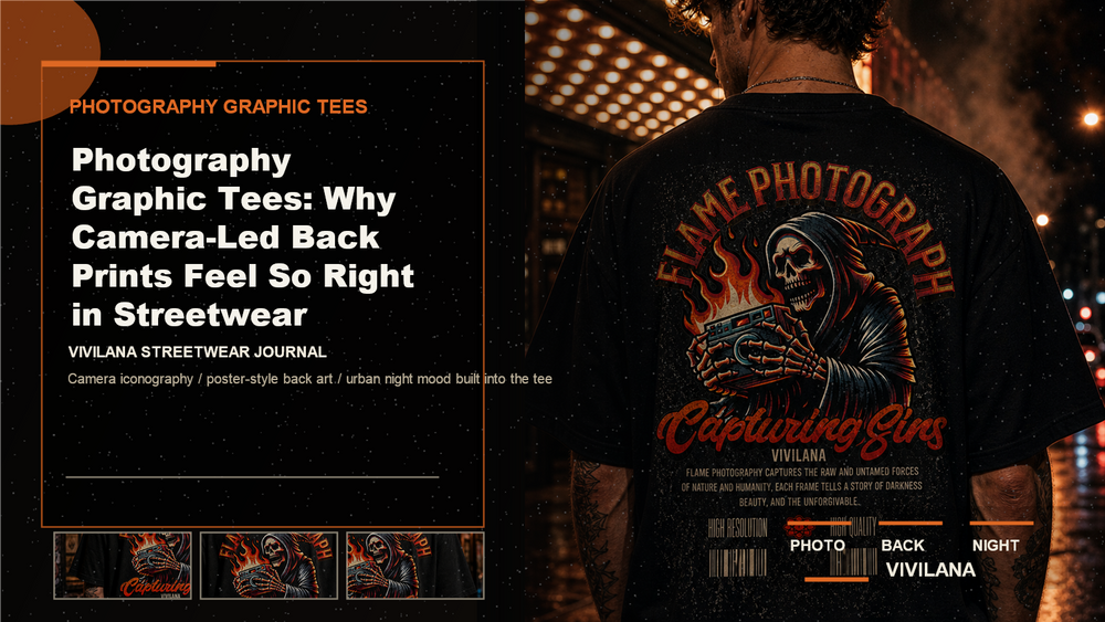 Photography graphic tees poster cover with dark back-print streetwear photography and Vivilana editorial typography