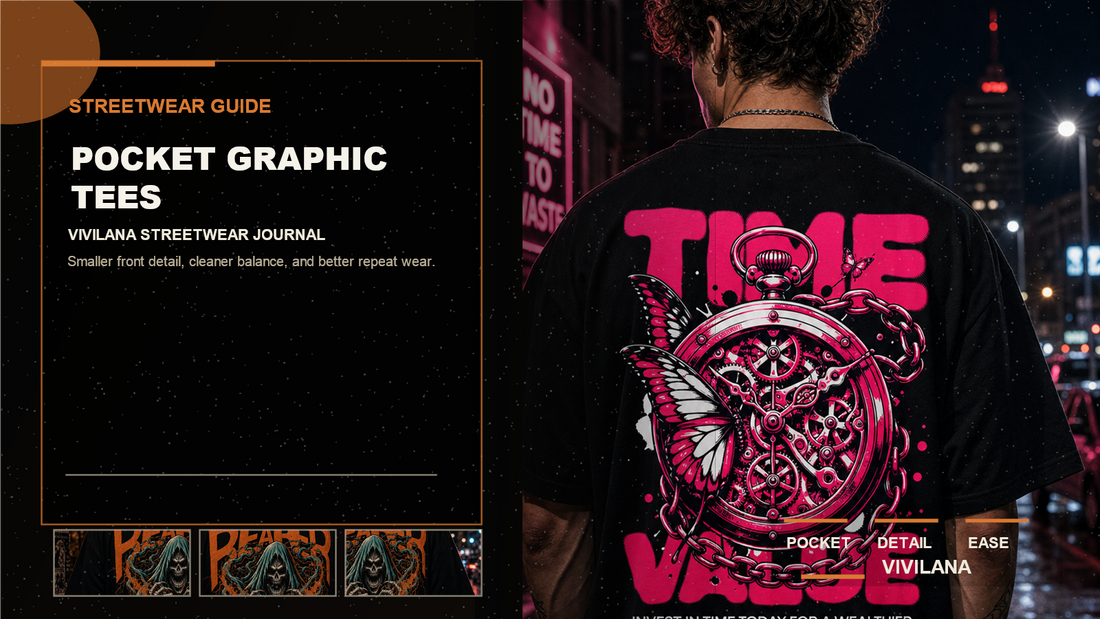 Pocket graphic tees poster cover with dark streetwear photography, cream typography, and orange editorial accents