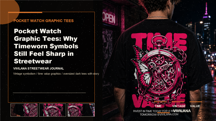 Pocket watch graphic tees poster cover with dark streetwear photography, cream typography, and orange editorial accents