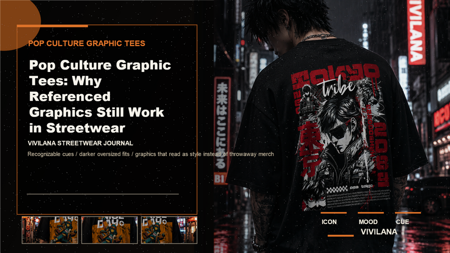 Pop culture graphic tees poster cover with dark oversized streetwear photography, cream typography, and orange editorial accents