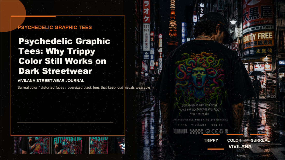 Psychedelic graphic tees poster cover with dark oversized streetwear photography, cream type, and orange Vivilana editorial accents