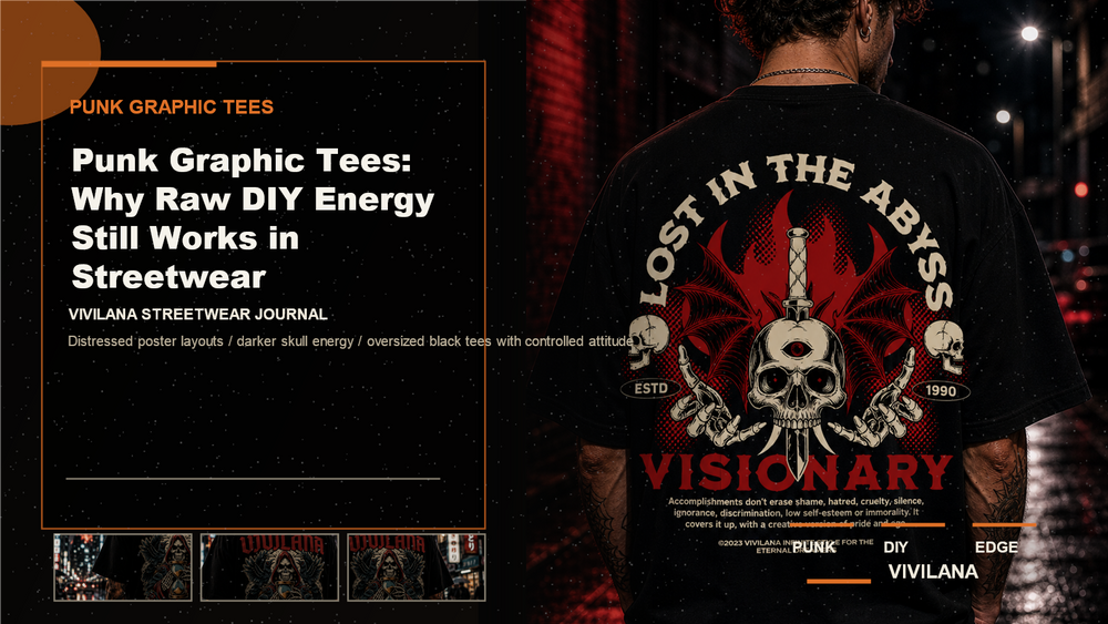 Punk graphic tees poster cover with dark oversized streetwear photography, cream type, and orange Vivilana editorial accents
