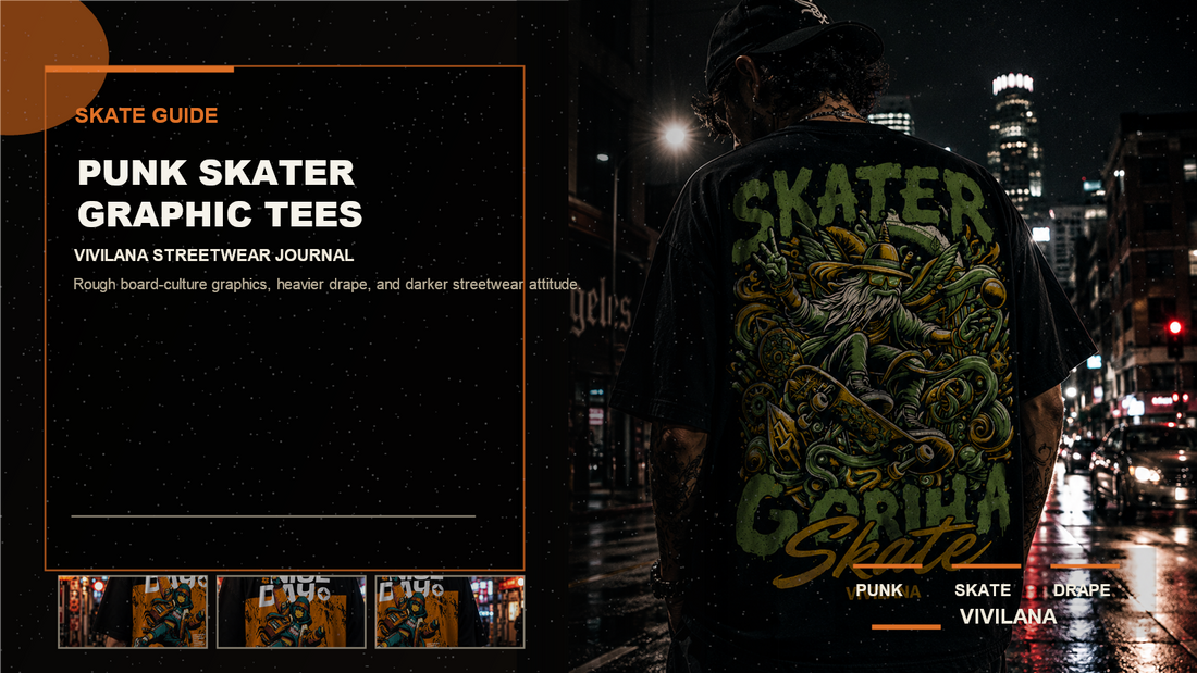 Punk skater graphic tees poster cover with oversized streetwear photography, cream typography, and orange editorial accents