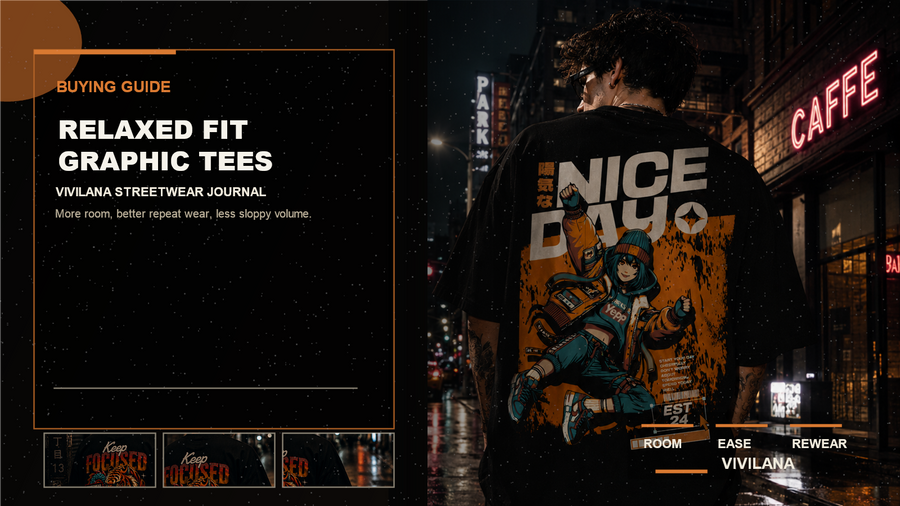Relaxed fit graphic tees poster cover with dark oversized streetwear photography, cream typography, and orange editorial accents