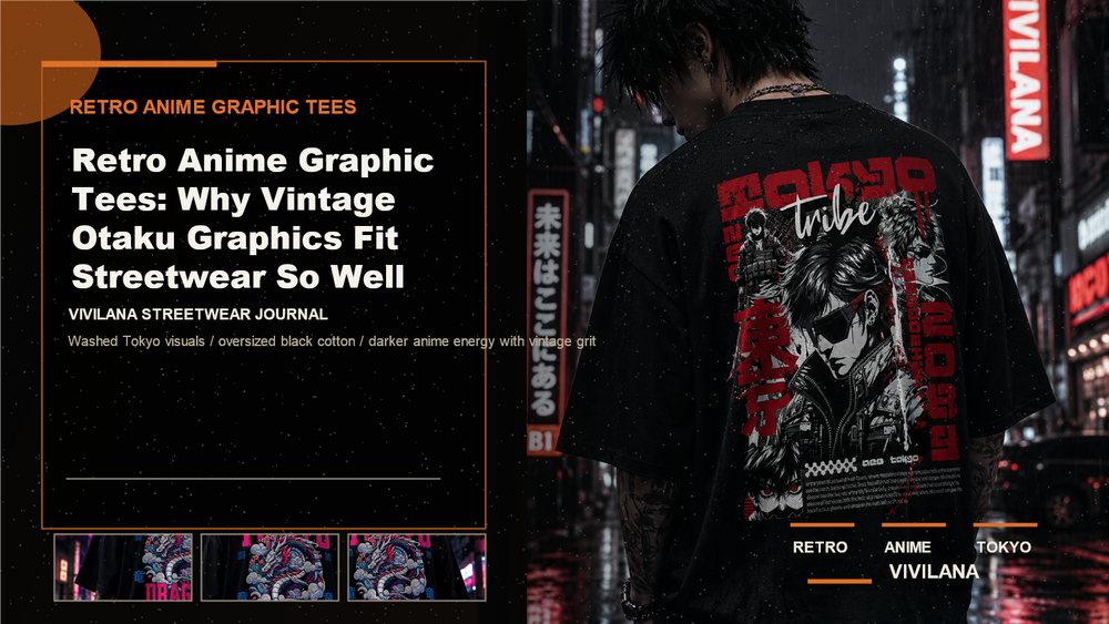 Retro anime graphic tees poster cover with dark oversized streetwear photography, cream typography, and orange Vivilana accents
