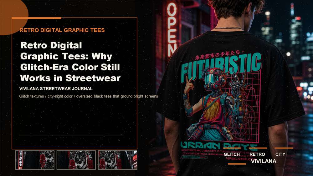 Retro digital graphic tees poster cover with dark oversized streetwear photography, cream type, and orange Vivilana editorial accents