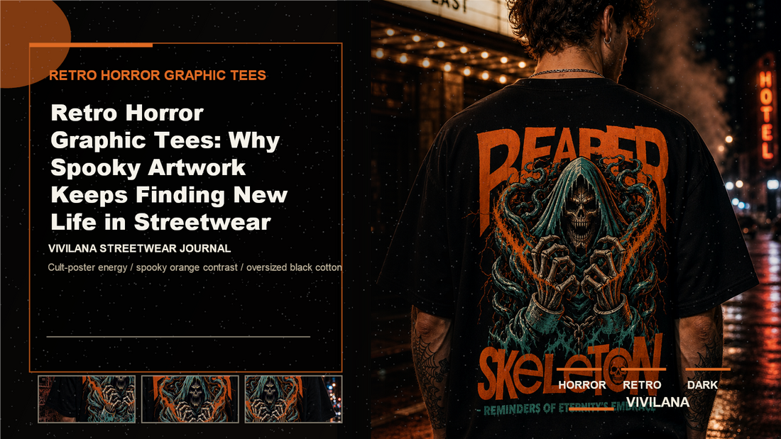 Retro horror graphic tees poster cover with dark streetwear photography, cream editorial text, and orange accent lines