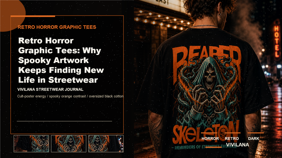 Retro horror graphic tees poster cover with dark streetwear photography, cream editorial text, and orange accent lines