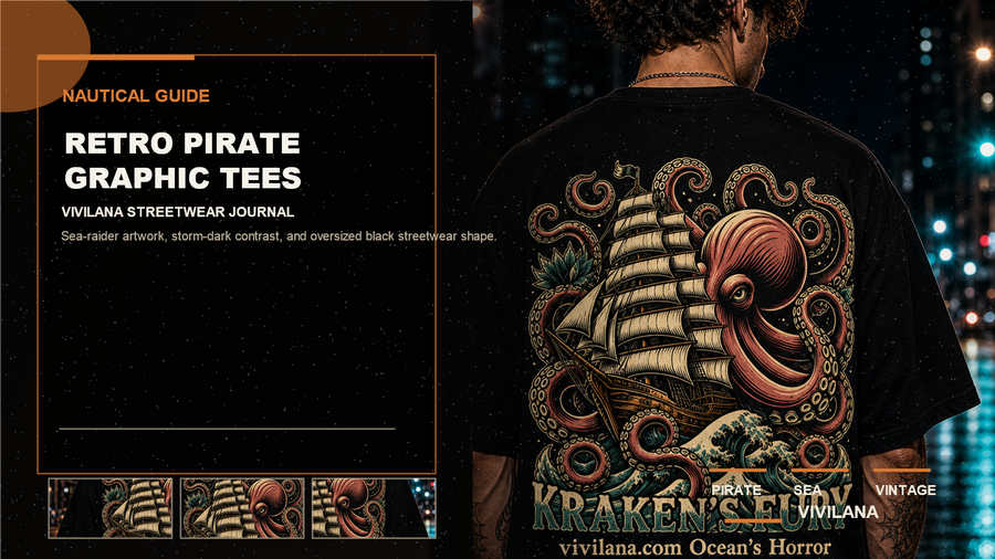 Retro pirate graphic tees poster cover with oversized dark streetwear photography, cream typography, and orange editorial accents
