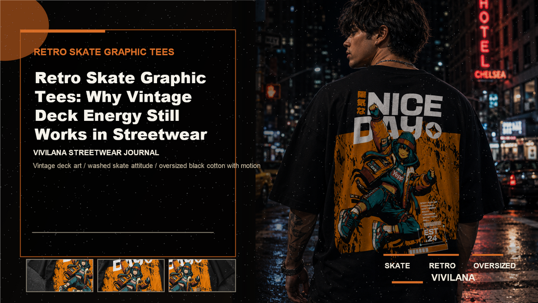 Retro skate graphic tees poster cover with dark oversized streetwear photography, cream type, and orange Vivilana editorial accents