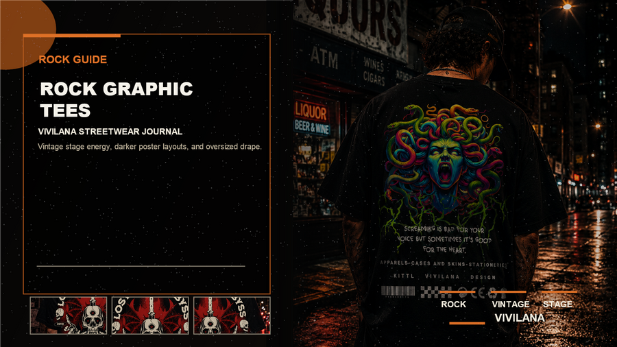 Rock graphic tees poster cover with realistic oversized streetwear photography, cream typography, and orange editorial accents