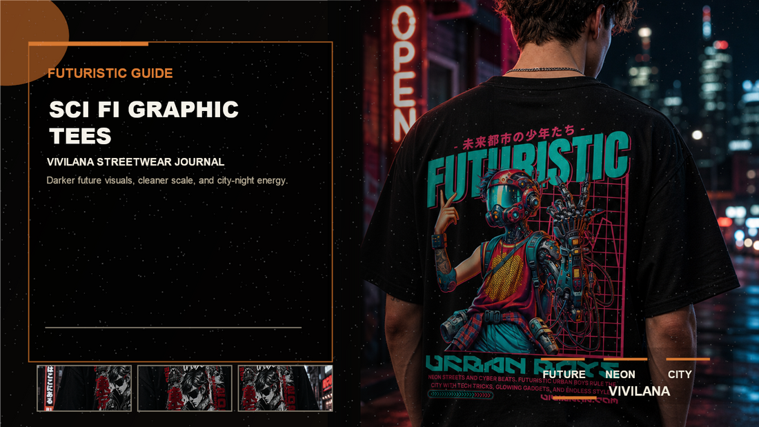 Sci fi graphic tees poster cover with dark urban streetwear photography, cream typography, and orange editorial accents