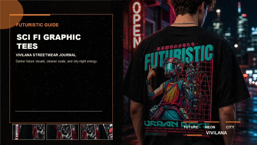 Sci fi graphic tees poster cover with dark urban streetwear photography, cream typography, and orange editorial accents