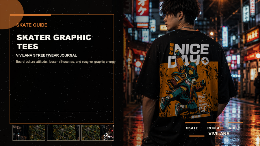 Skater graphic tees poster cover with dark streetwear photography, cream typography, and orange editorial accents