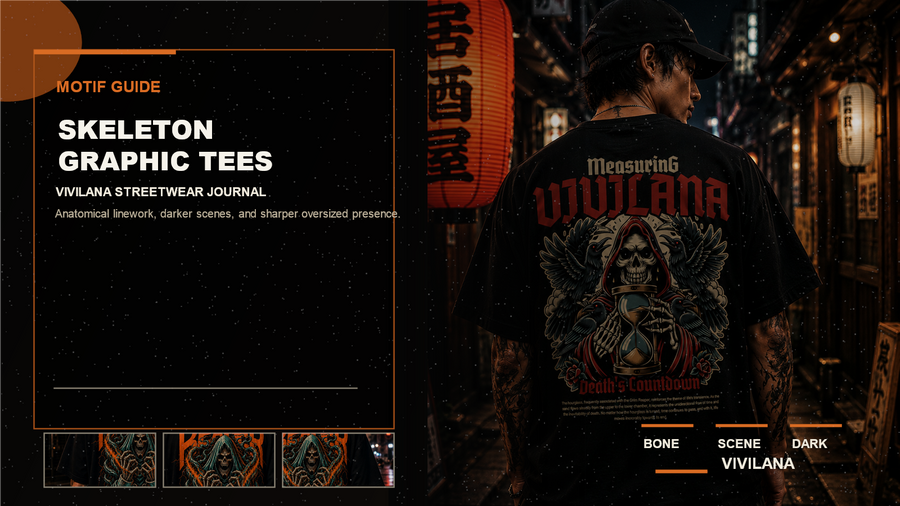 Skeleton graphic tees poster cover with realistic oversized streetwear photography, cream typography, and orange editorial accents