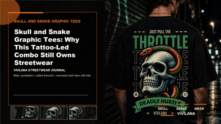Skull and snake graphic tees poster cover with dark oversized streetwear photography, cream type, and orange editorial accents