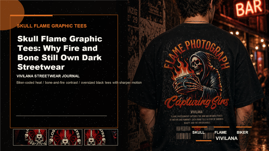 Skull flame graphic tees poster cover with dark oversized streetwear photography, cream typography, and orange Vivilana editorial accents