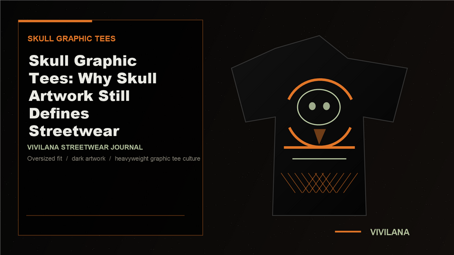 Oversized black skull graphic tee in a dark urban streetwear setting